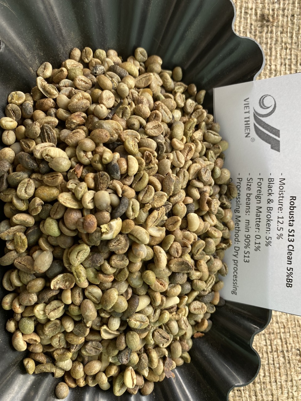 Robusta S13 Clean 5%BB - Moisture: 12.5 %  - Black & Broken: 5%  - Foreign Matter: 0.1%  - Size beans:  min 90% S13 - Processing Method: Dry processing - Crop: 2023/24
